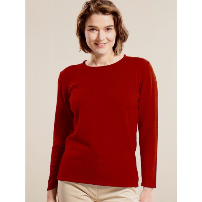 Feinstrick Long-Pullover Merinowolle kbT rubinrot von Kokon Zwo