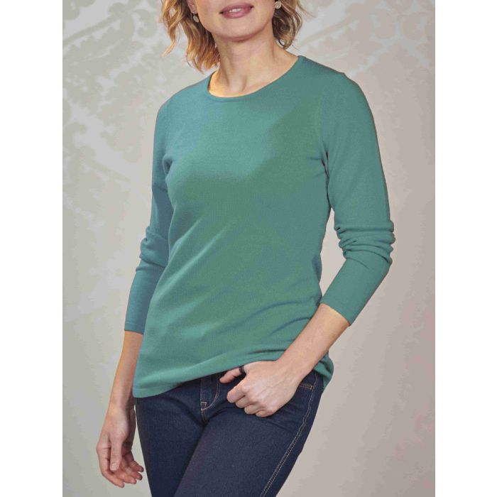 Feinstrick Long-Pullover Merinowolle kbT hell-türkis-melange von Kokon Zwo