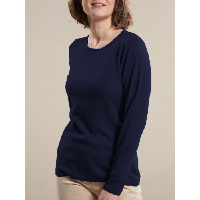 Feinstrick Long-Pullover Merinowolle kbT dunkelblau melange von Kokon Zwo