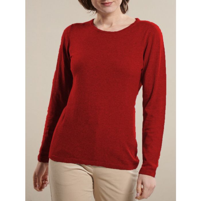 Feinstrick Long-Pullover Merinowolle kbT granat-rot von Kokon Zwo
