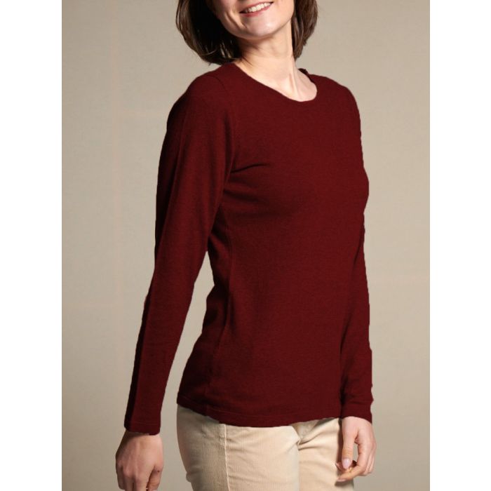 Feinstrick Long-Pullover Merinowolle kbT weinrot von Kokon Zwo